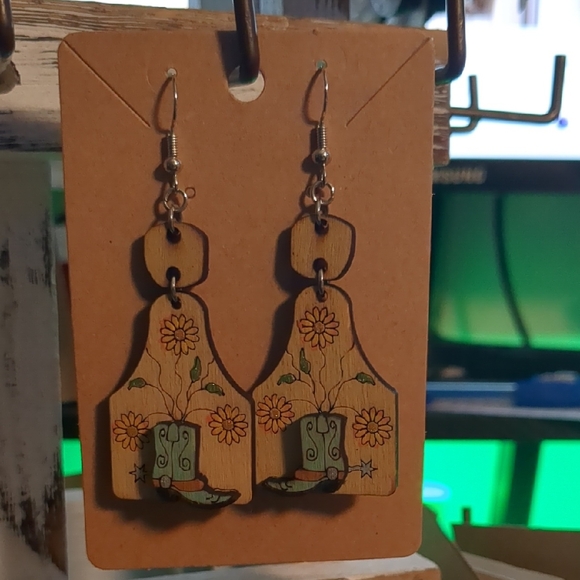 Jewelry - Floral Wooden Earrings with Green Accents